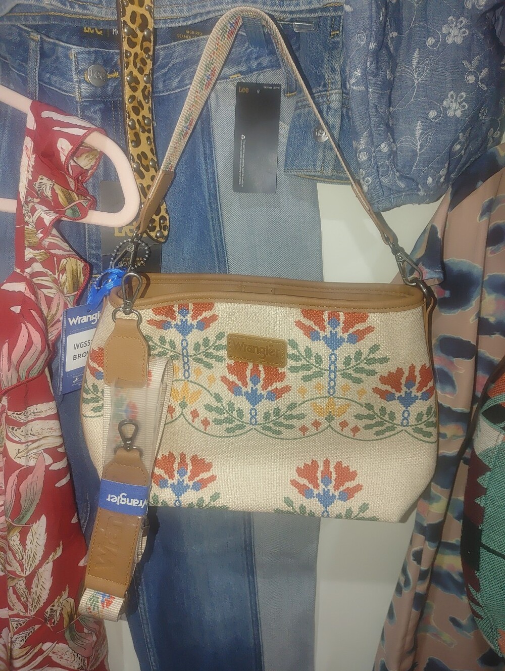Wrangler Floral Hobo Shoulder Crossbody Bag with Red, Blue & Green Embroidery